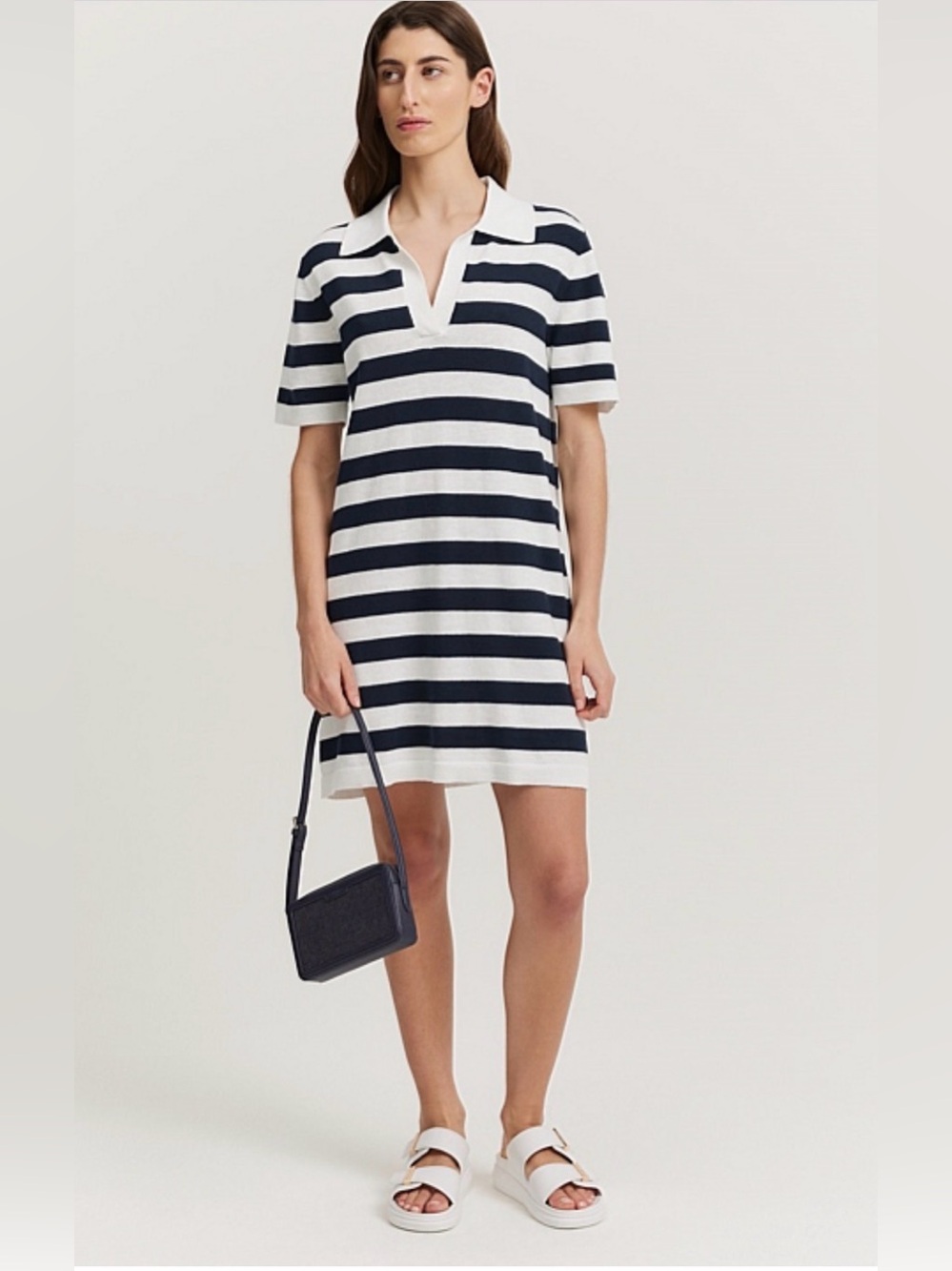 Country Road Cotton Linen Striped Polo Short Sleeve Dress in Navy and White M